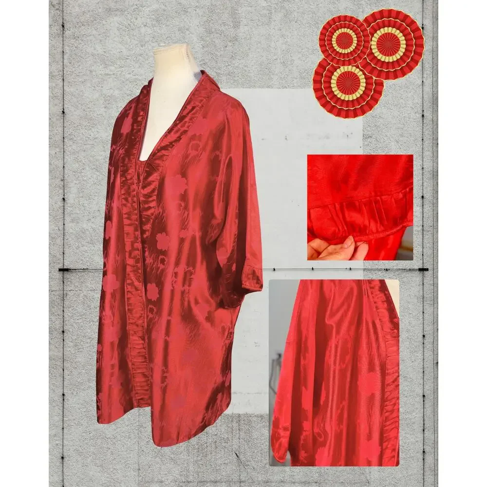 Vintage 80s Vandmere Asian Red Floral Weave Jacquard Cami Nightgown Robe Set M